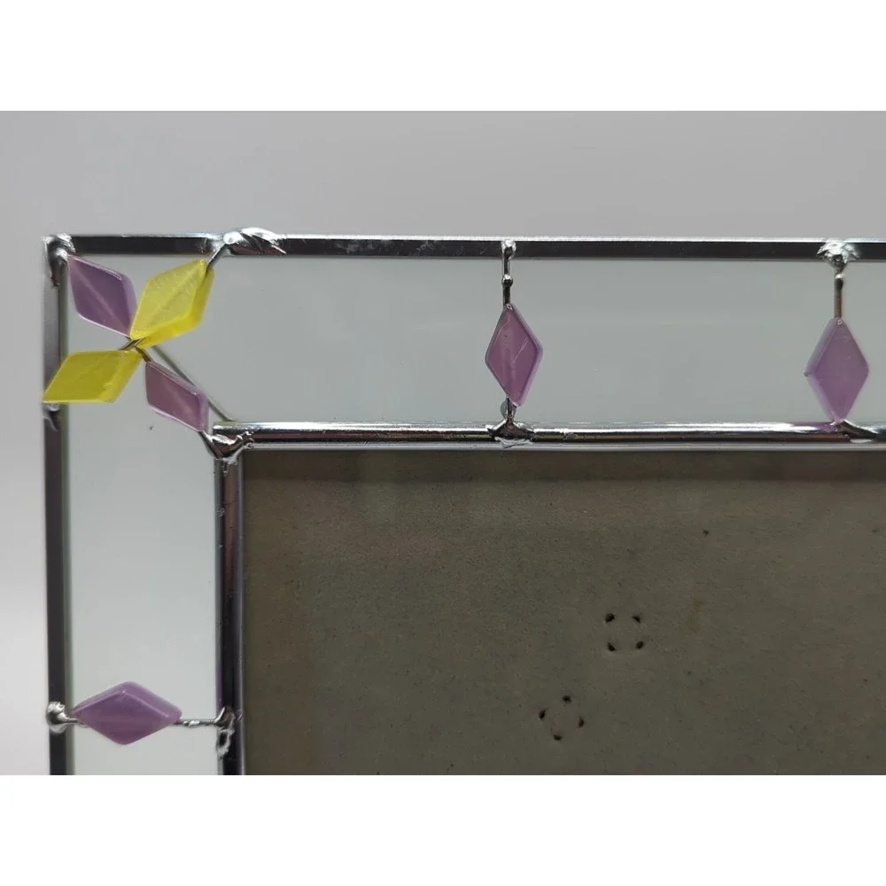 Vintage Stained Glass Photo Frame Purple Yellow Beaded Tabletop 4x6 Rectangle